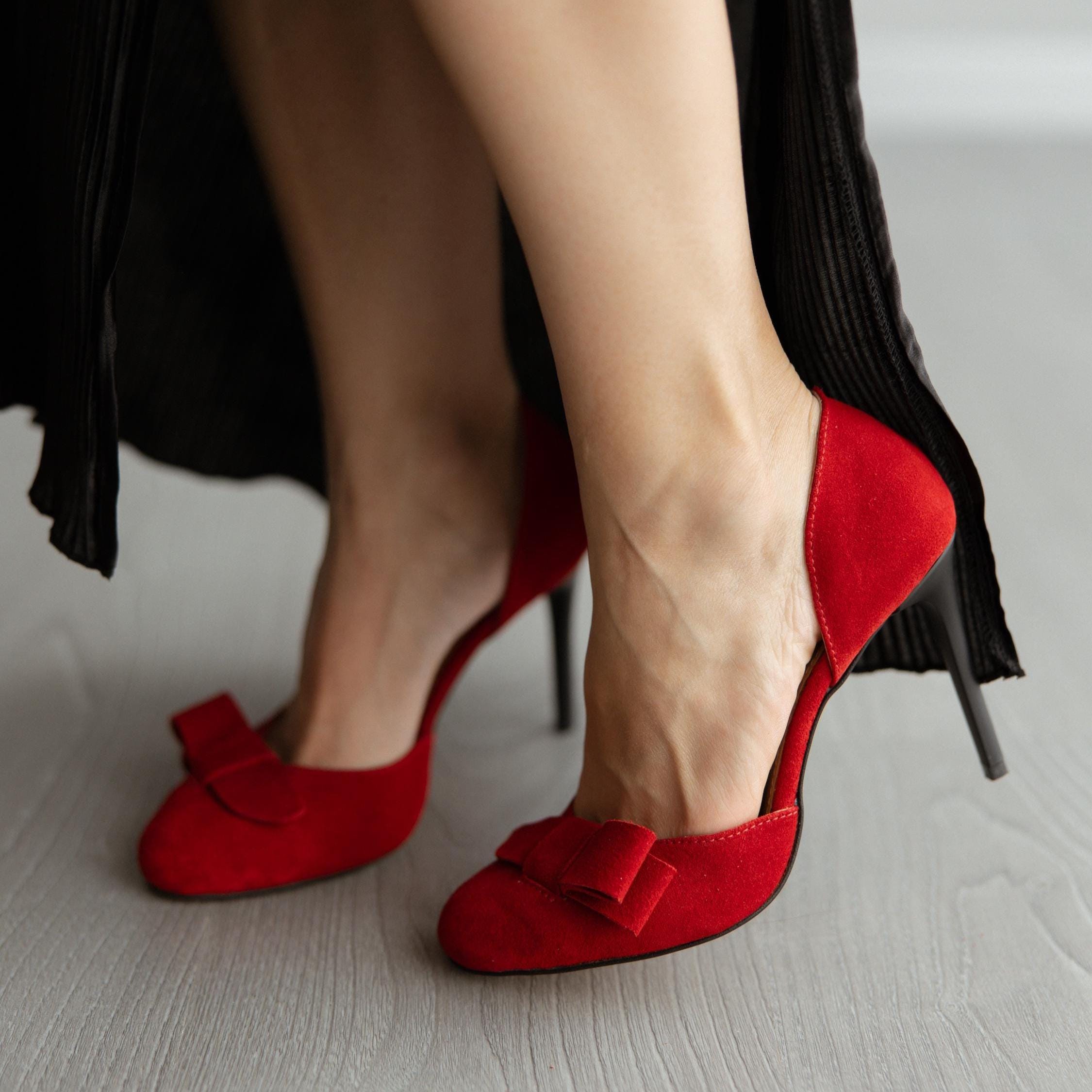 Red Suede High Heels Handmade Designer Shoes Women