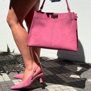 Pink Suede Handbag Slingback Shoes Set Handmade From