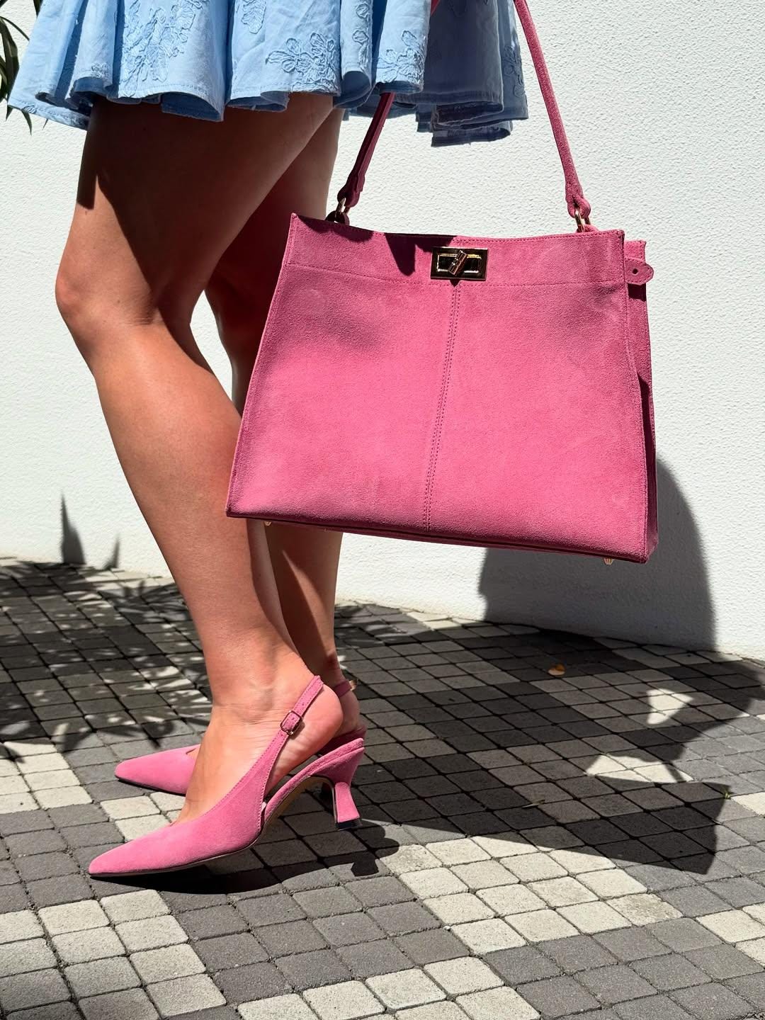 Pink Suede Handbag Slingback Shoes Set Handmade From