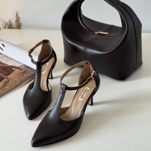 Elegant Black Leather Heels Classic Women's Shoes Low