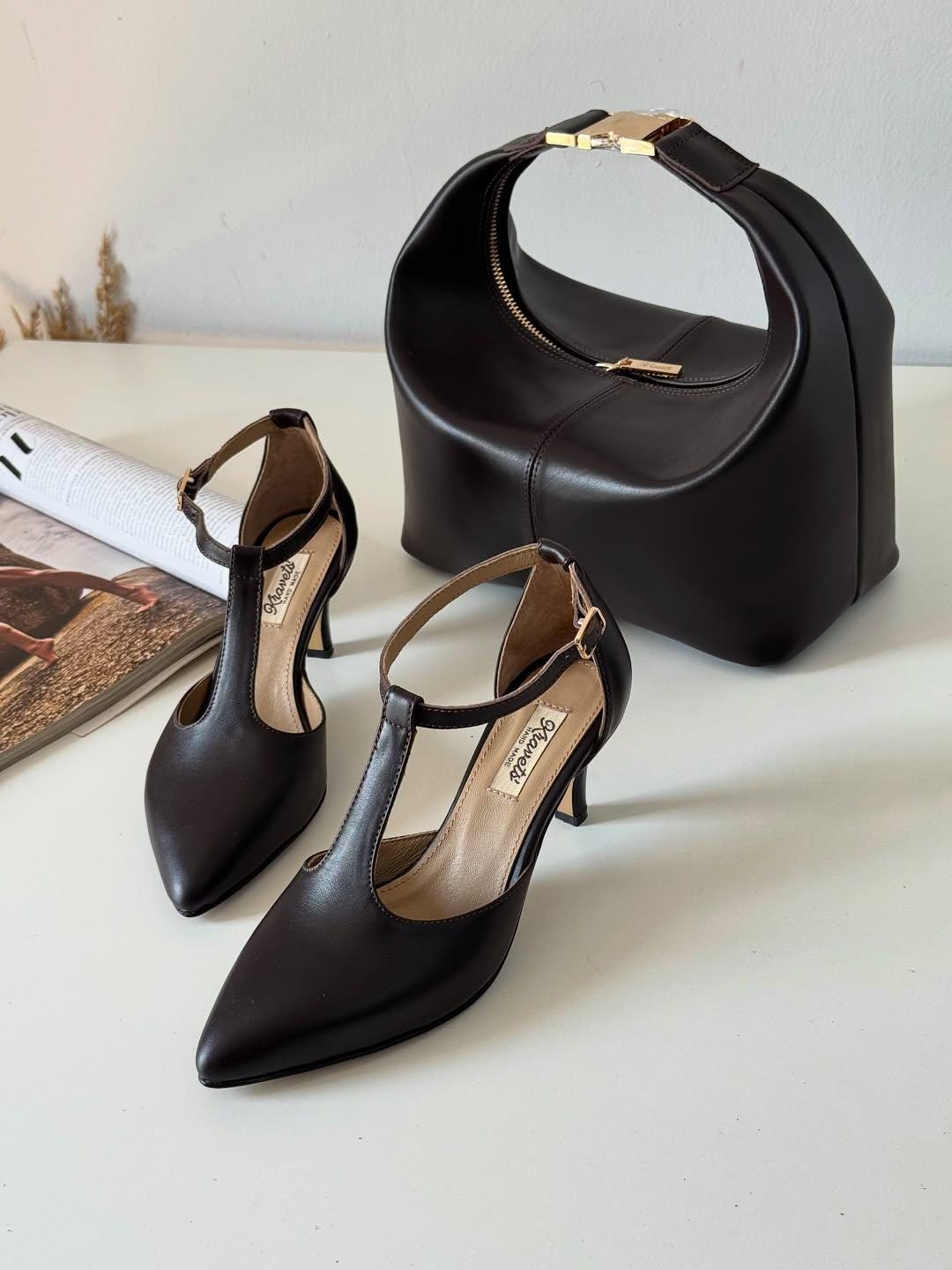 Elegant Black Leather Heels Classic Women's Shoes Low