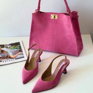 Pink Suede Handbag Slingback Shoes Set Handmade From