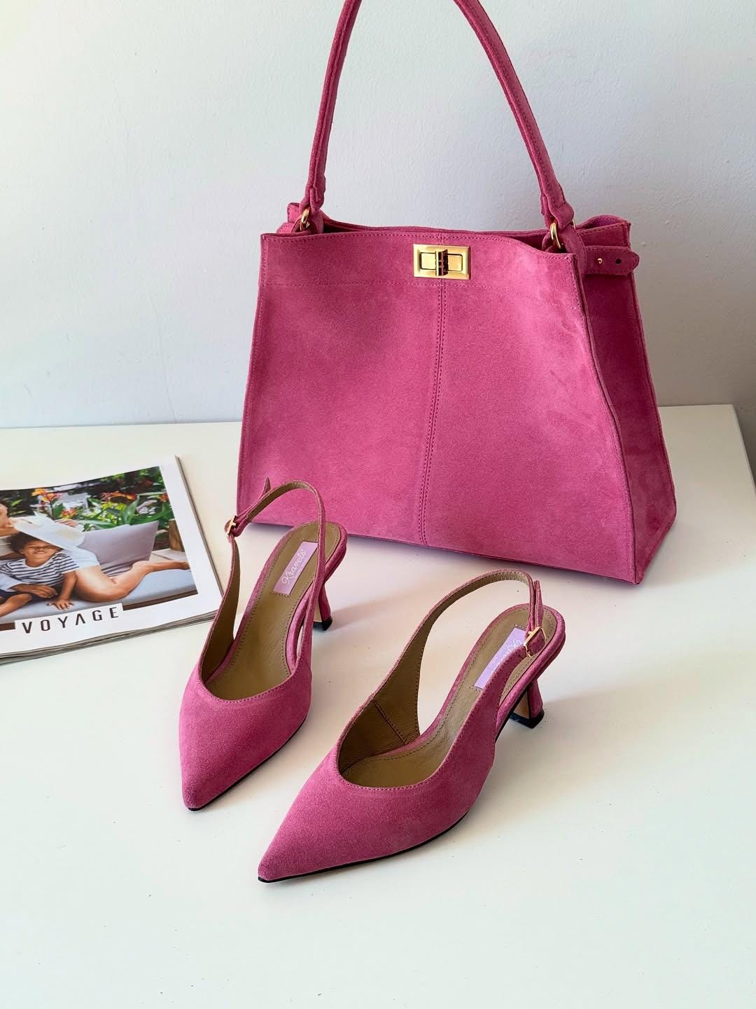 Pink Suede Handbag Slingback Shoes Set Handmade From