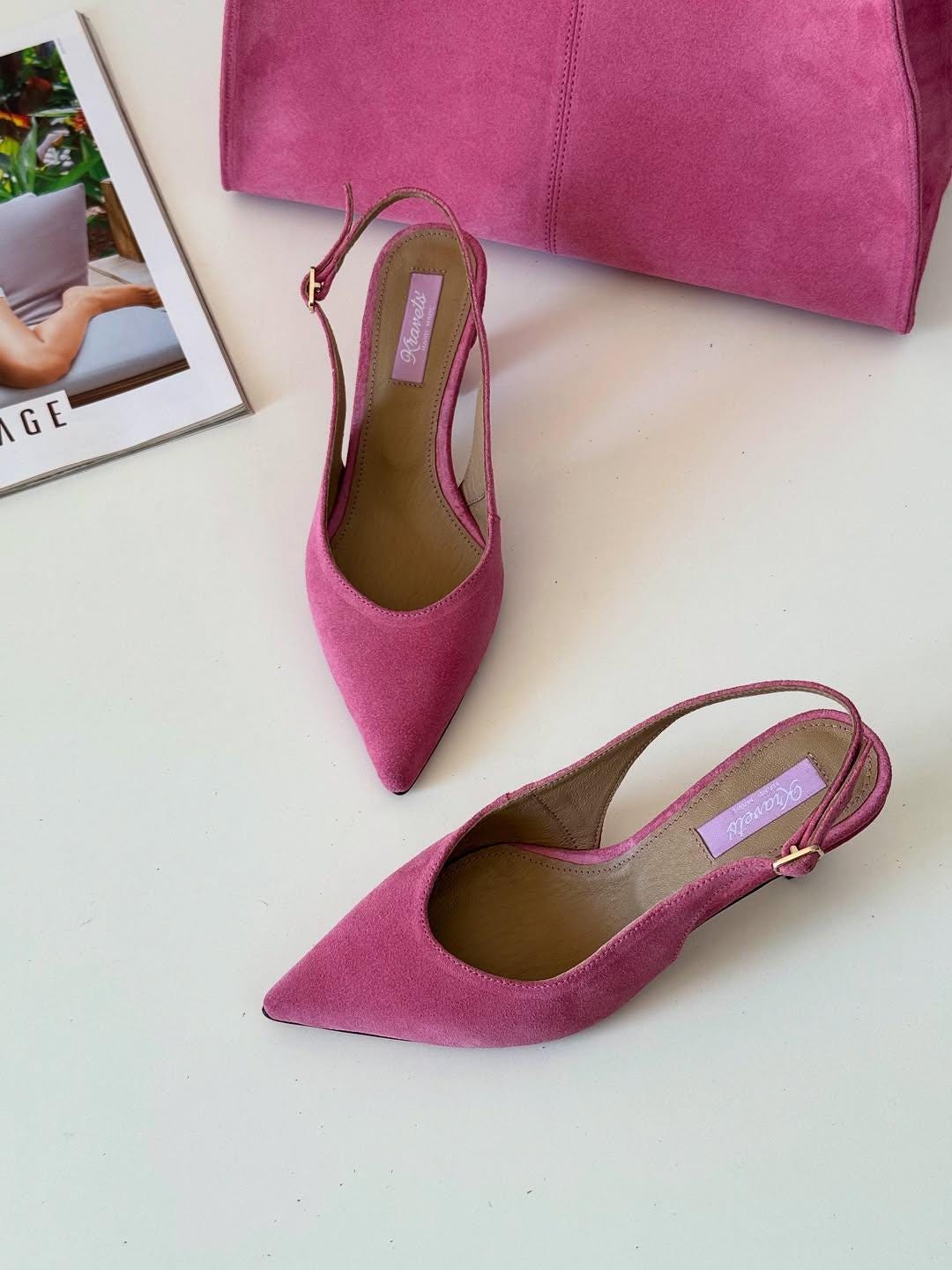 Pink Suede Handbag Slingback Shoes Set Handmade From