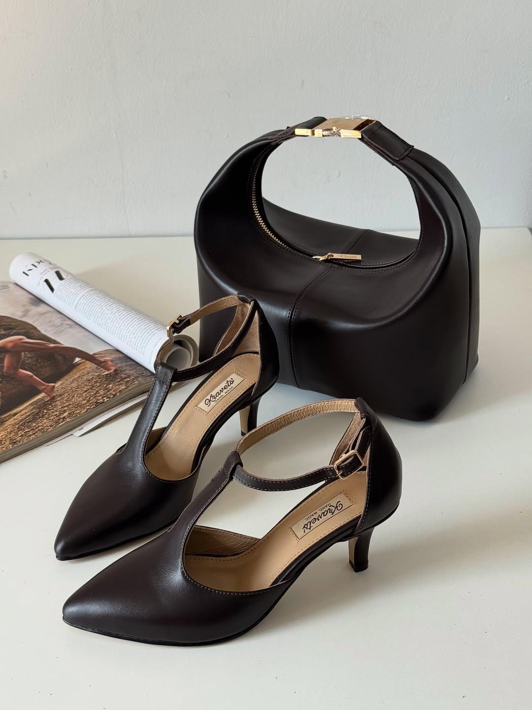 Elegant Black Leather Heels Classic Women's Shoes Low