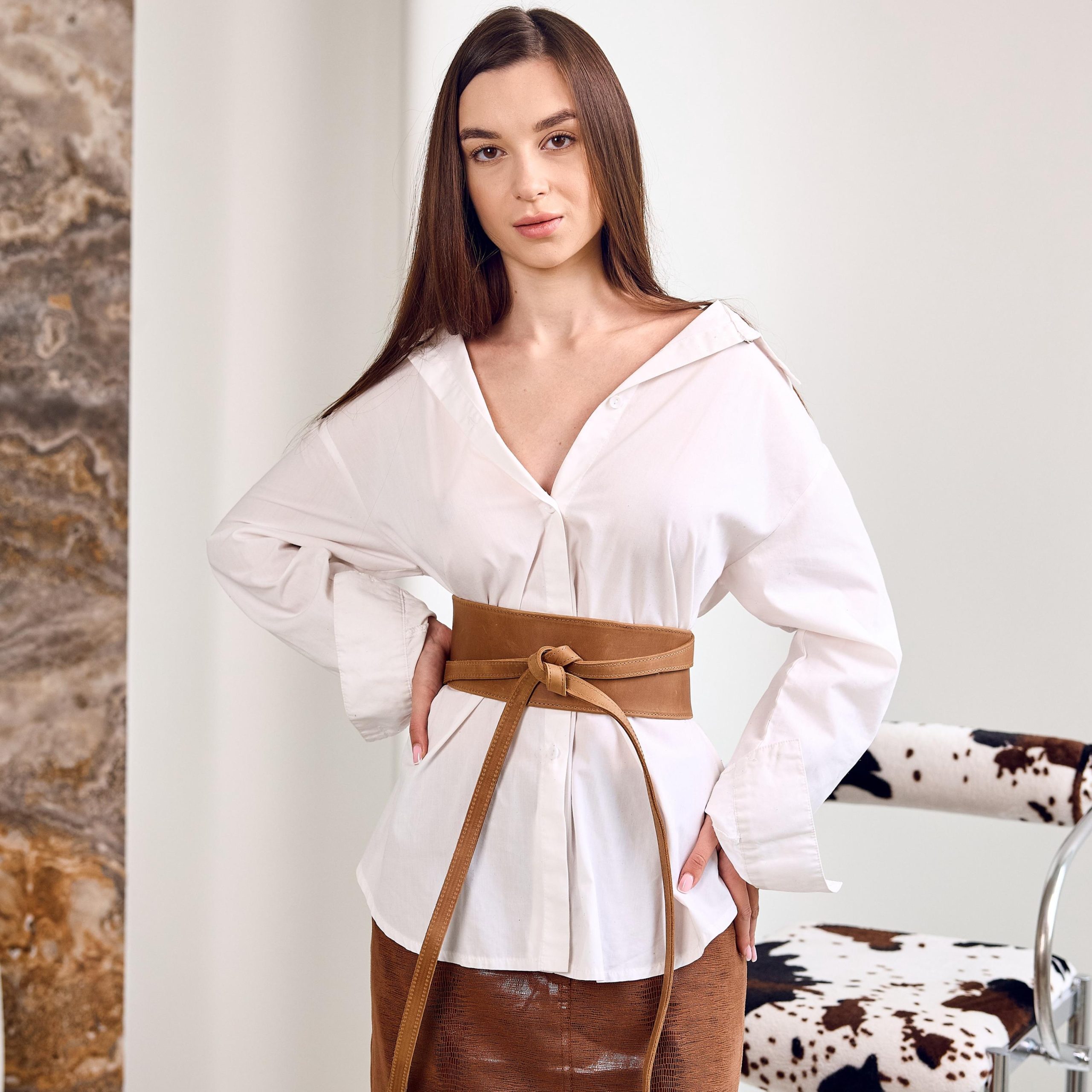 Leather Obi Belt Wrap Genuine Waist Wide Brown